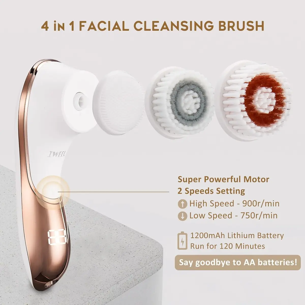 IWEEL Electric Facial Cleansing Brush with 4 Brush Heads - White & Rose Gold | Deep Pore Cleansing & Exfoliation System - view 2