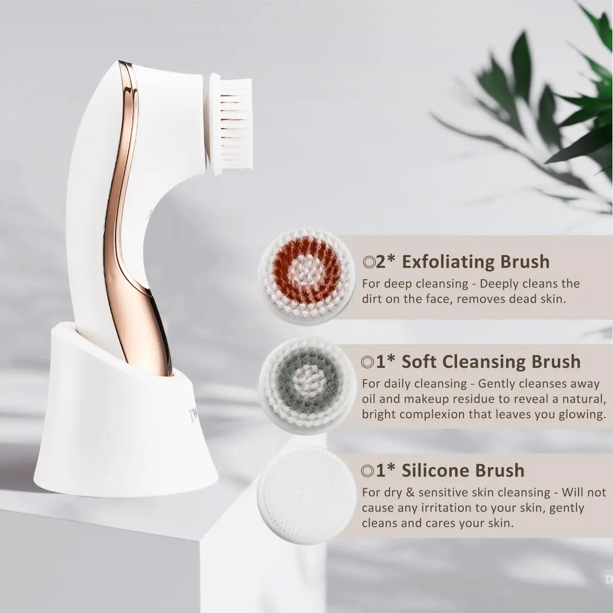 IWEEL Electric Facial Cleansing Brush with 4 Brush Heads - White & Rose Gold | Deep Pore Cleansing & Exfoliation System - view 3