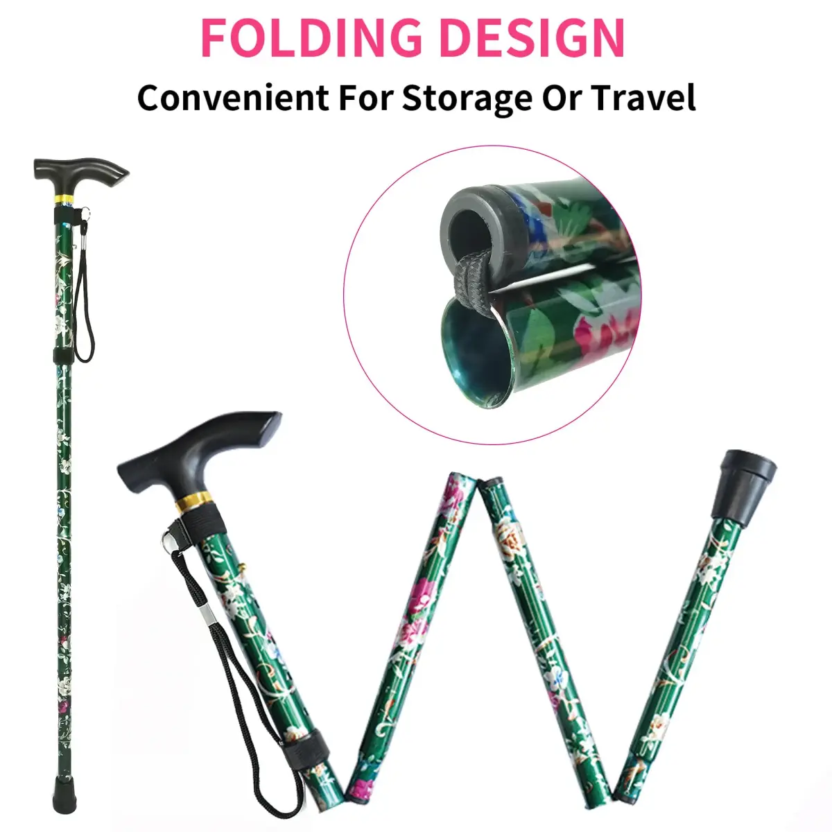 CLOKTA Folding Cane with Wrist Strap & T Handle, 33-37 inch Adjustable Height Lightweight Portable Walking Cane for Men Women Seniors (Floral Green) - view 4