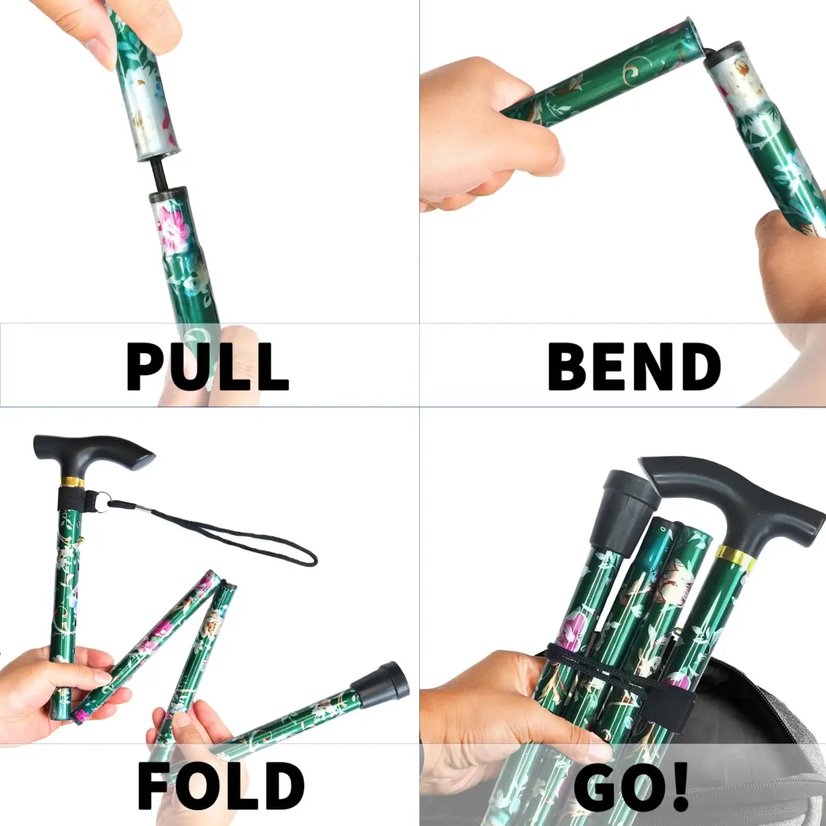 CLOKTA Folding Cane with Wrist Strap & T Handle, 33-37 inch Adjustable Height Lightweight Portable Walking Cane for Men Women Seniors (Floral Green) - view 6