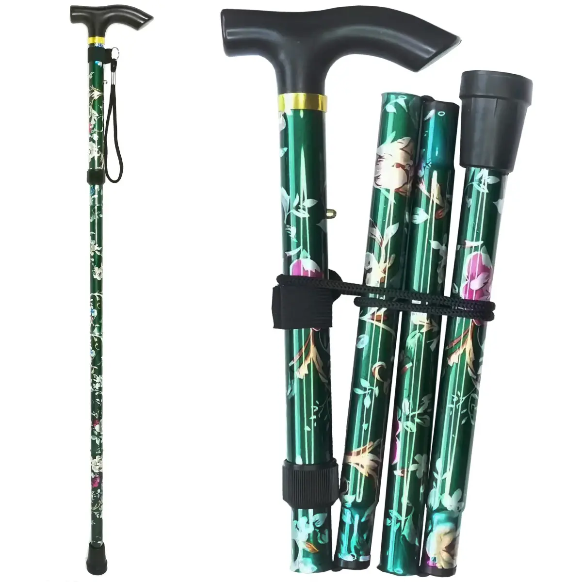 CLOKTA Folding Cane with Wrist Strap & T Handle, 33-37 inch Adjustable Height Lightweight Portable Walking Cane for Men Women Seniors (Floral Green) - main product image
