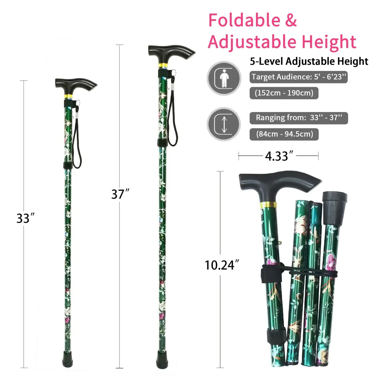 CLOKTA Folding Cane with Wrist Strap & T Handle, 33-37 inch Adjustable Height Lightweight Portable Walking Cane for Men Women Seniors (Floral Green) - view 2