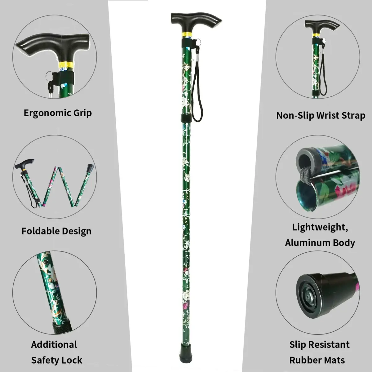 CLOKTA Folding Cane with Wrist Strap & T Handle, 33-37 inch Adjustable Height Lightweight Portable Walking Cane for Men Women Seniors (Floral Green) - view 3