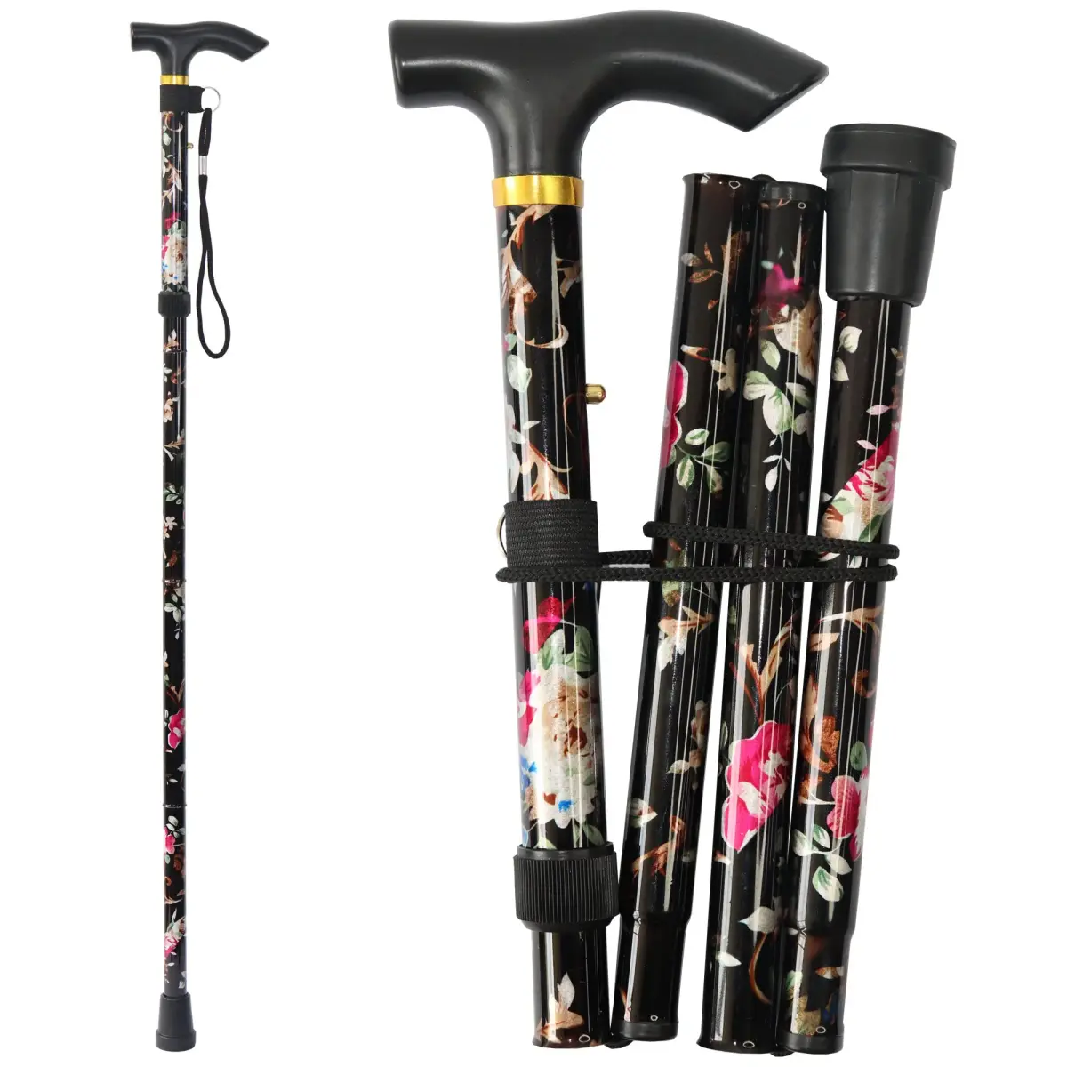 CLOKTA Folding Cane 33-37 inch Adjustable Height | Lightweight Portable Walking Stick with T Handle & Wrist Strap (Floral Black) - main product image