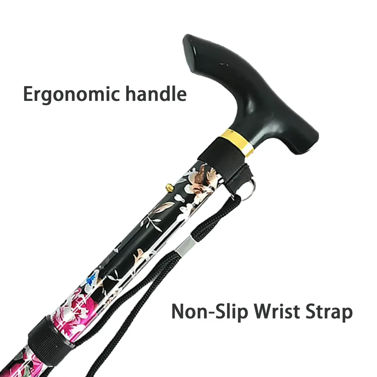 CLOKTA Folding Cane 33-37 inch Adjustable Height | Lightweight Portable Walking Stick with T Handle & Wrist Strap (Floral Black) - view 5