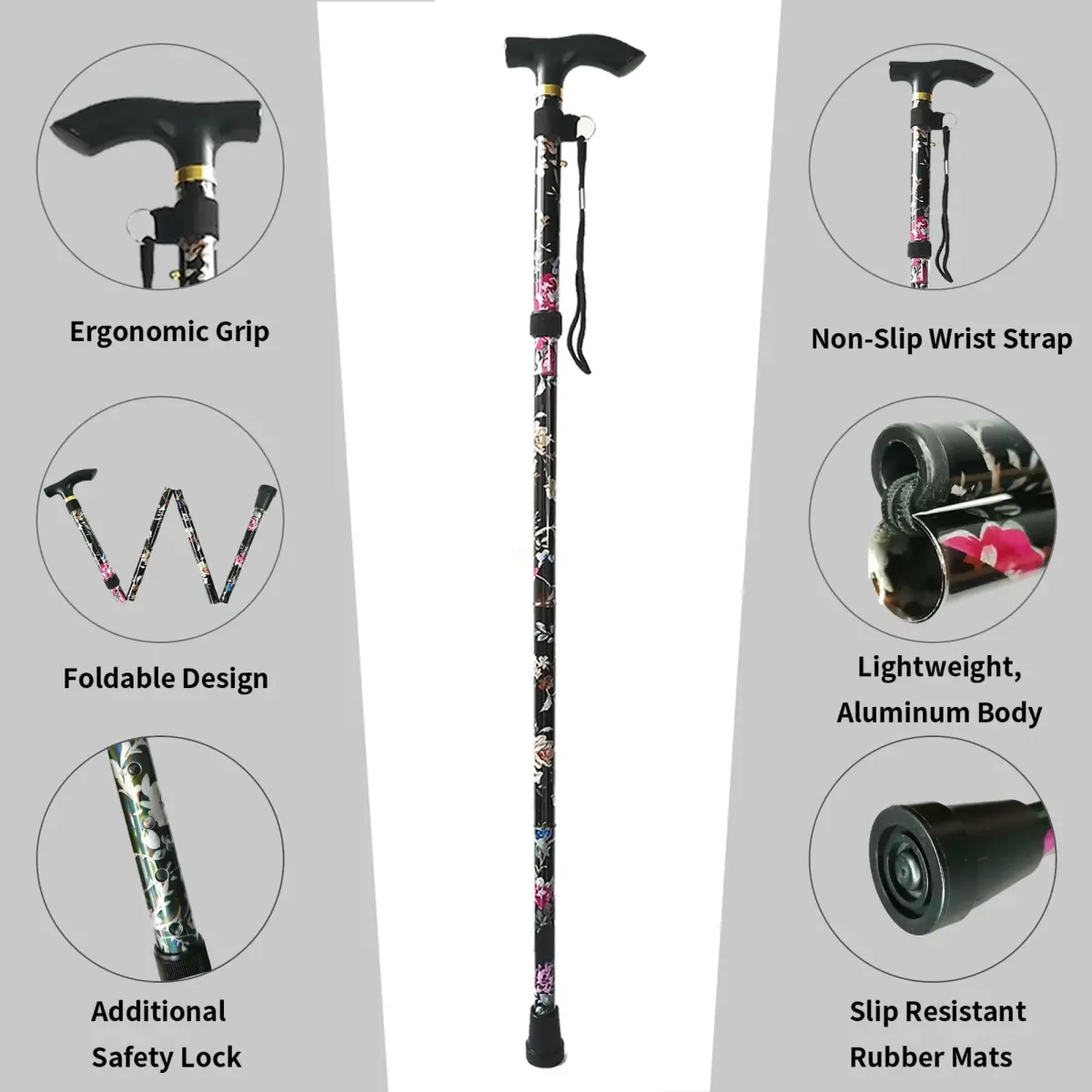 CLOKTA Folding Cane 33-37 inch Adjustable Height | Lightweight Portable Walking Stick with T Handle & Wrist Strap (Floral Black) - view 2