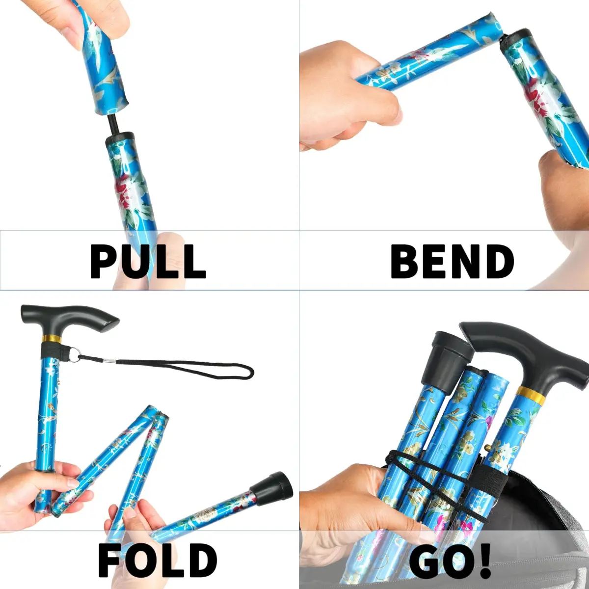 CLOKTA Folding Cane for Men and Women, Floral Blue | Adjustable 33-37 Inch Height, Lightweight Aluminum Walking Stick - view 6
