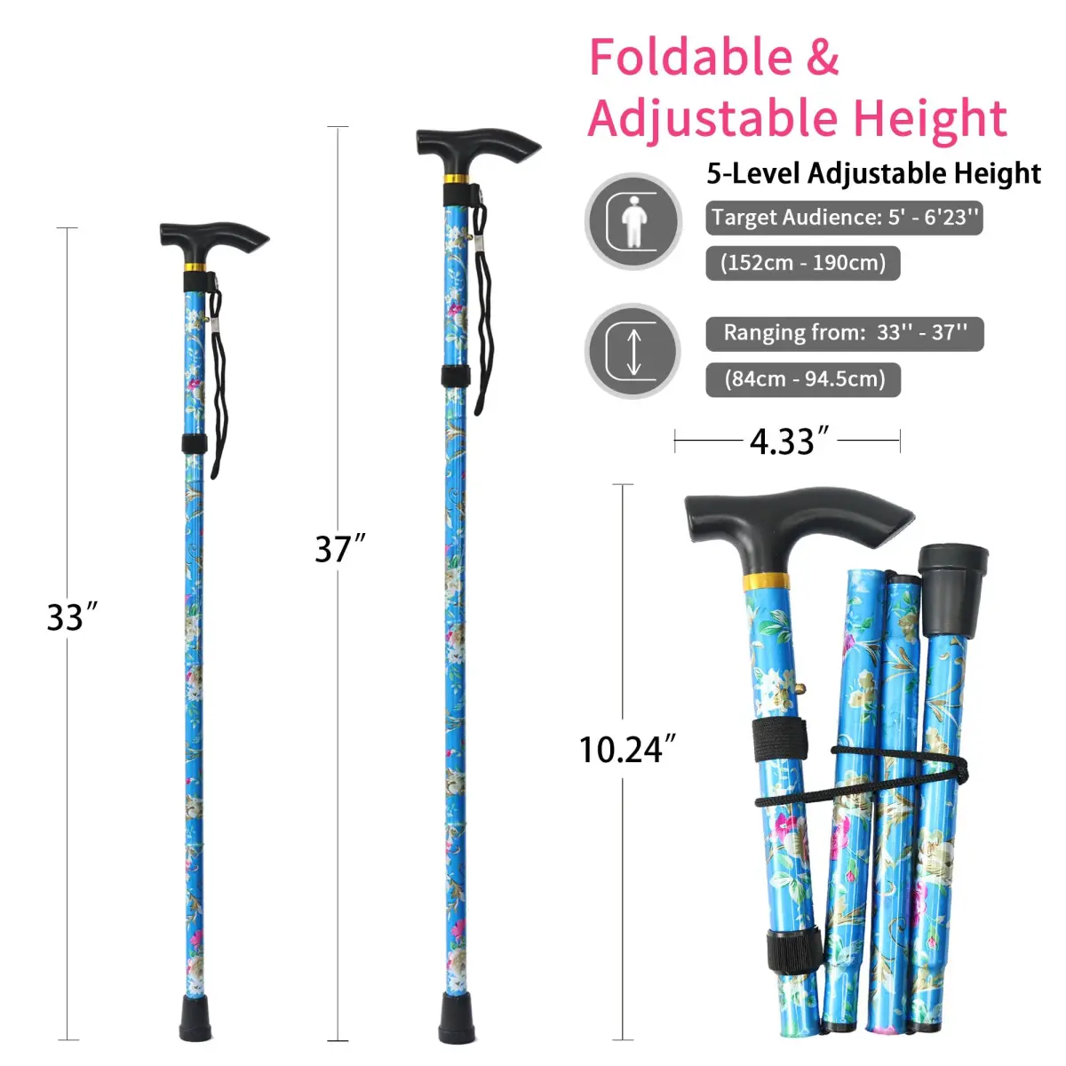 CLOKTA Folding Cane for Men and Women, Floral Blue | Adjustable 33-37 Inch Height, Lightweight Aluminum Walking Stick - view 2