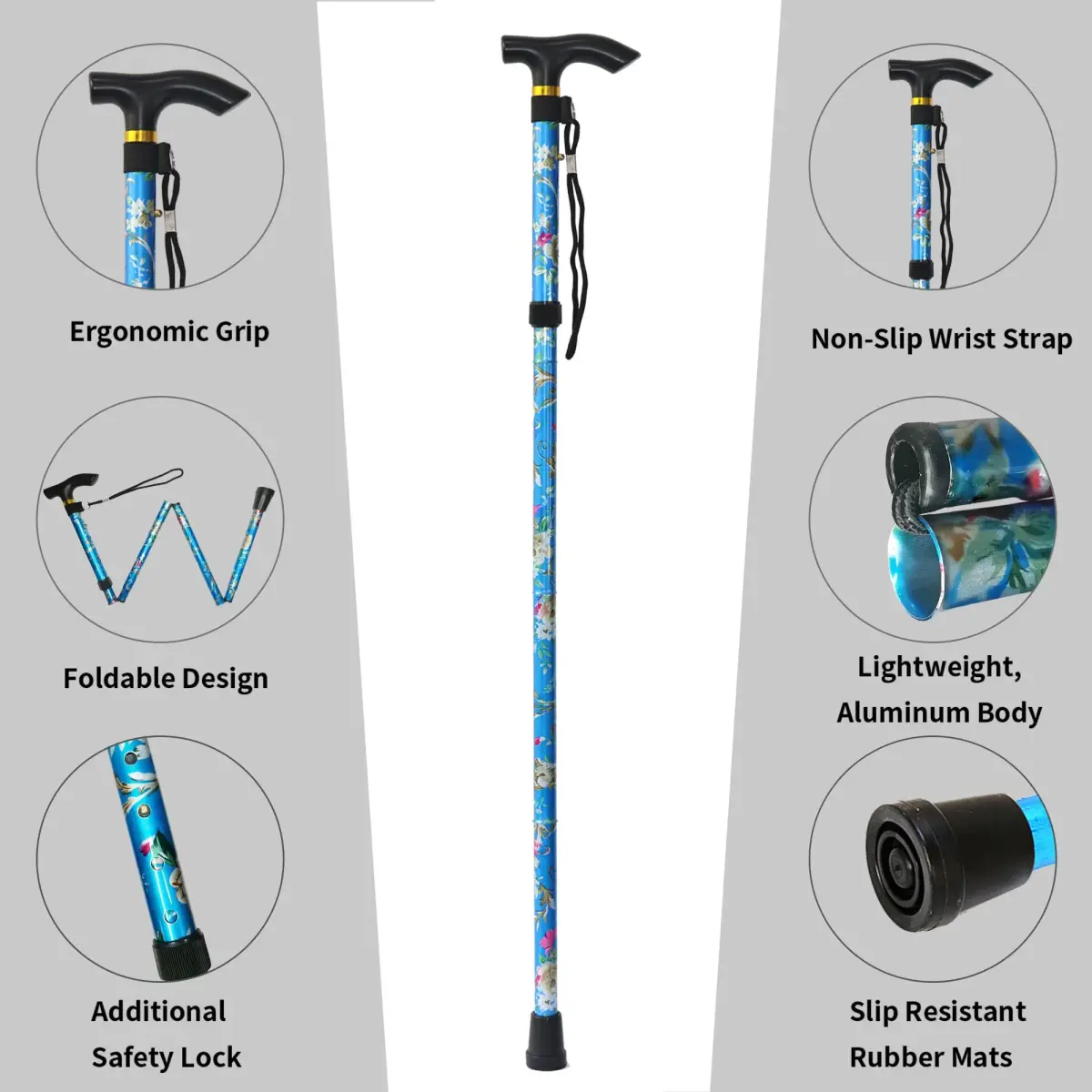 CLOKTA Folding Cane for Men and Women, Floral Blue | Adjustable 33-37 Inch Height, Lightweight Aluminum Walking Stick - view 3