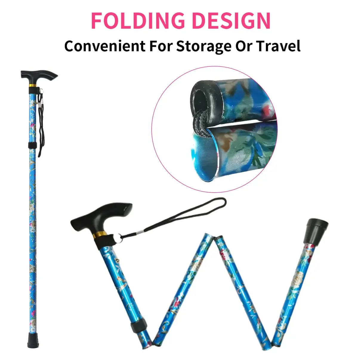 CLOKTA Folding Cane for Men and Women, Floral Blue | Adjustable 33-37 Inch Height, Lightweight Aluminum Walking Stick - view 4