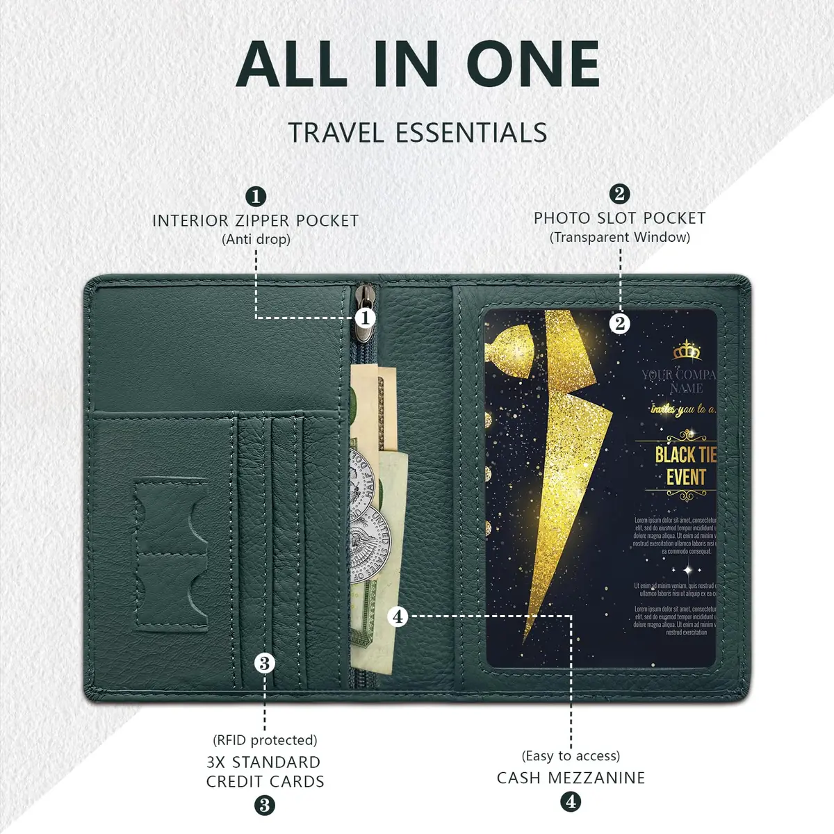 BAPHITY Genuine Leather RFID Blocking Passport Holder Wallet with Zipper | Green - view 3
