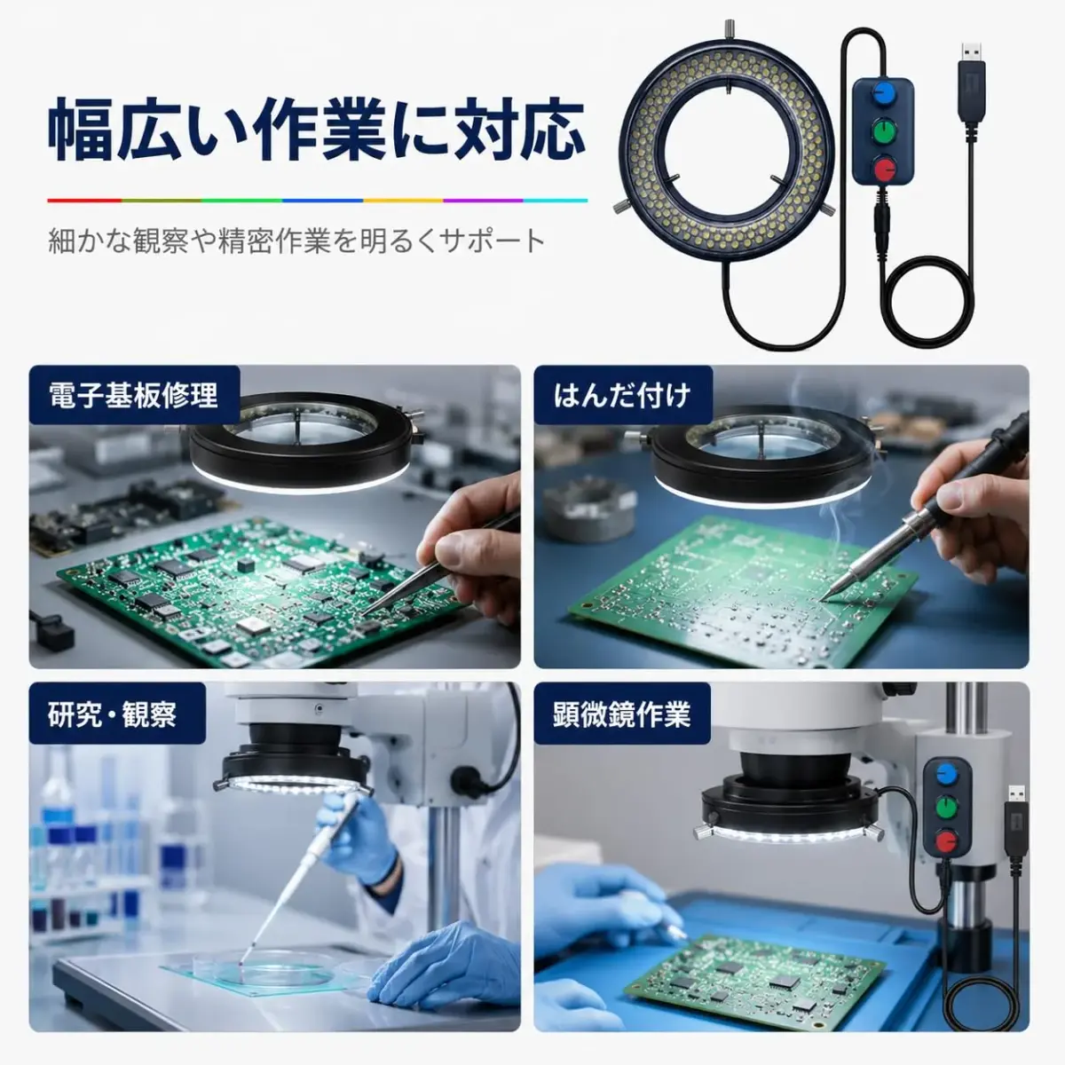 Gringoo Microscope LED Ring Light Illuminator USB 5V 144 LED RGB 16-62mm | Adjustable Color Temperature & Brightness - view 3