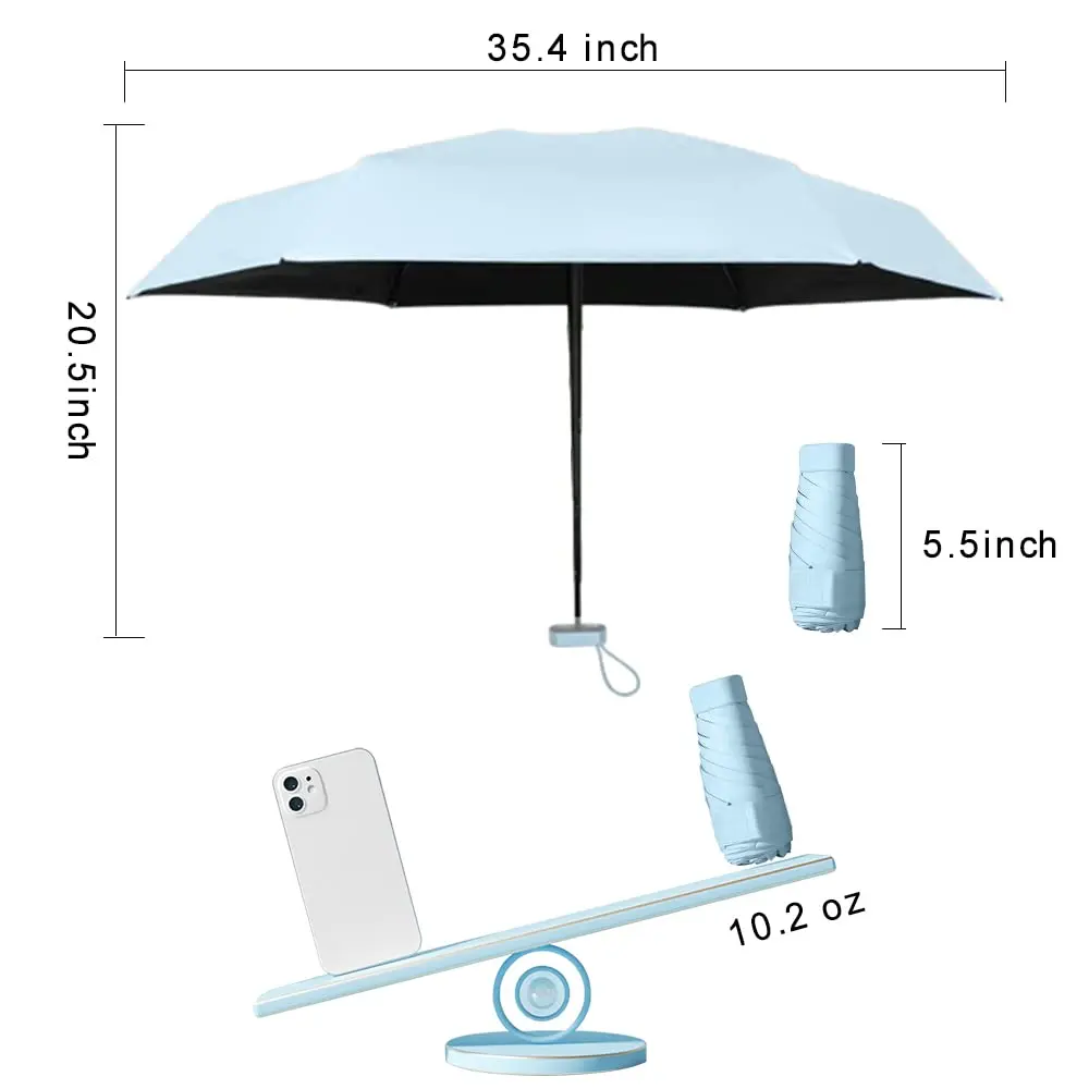 ESUFEIR Mini Sun Umbrella for Purse with Case, Skyblue 14 cm (5.5 in) | UPF 50+ UV Protection - view 6