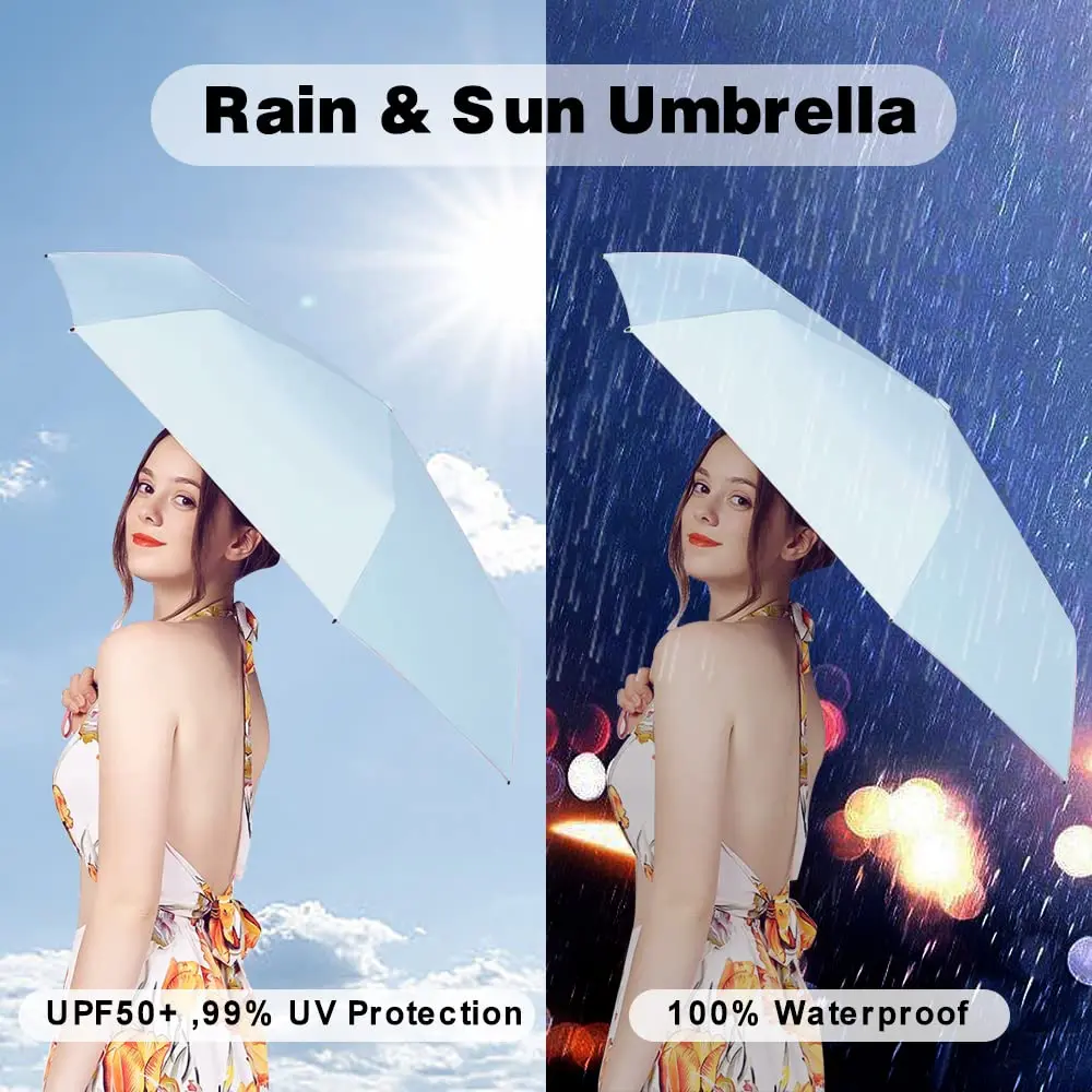 ESUFEIR Mini Sun Umbrella for Purse with Case, Skyblue 14 cm (5.5 in) | UPF 50+ UV Protection - view 3
