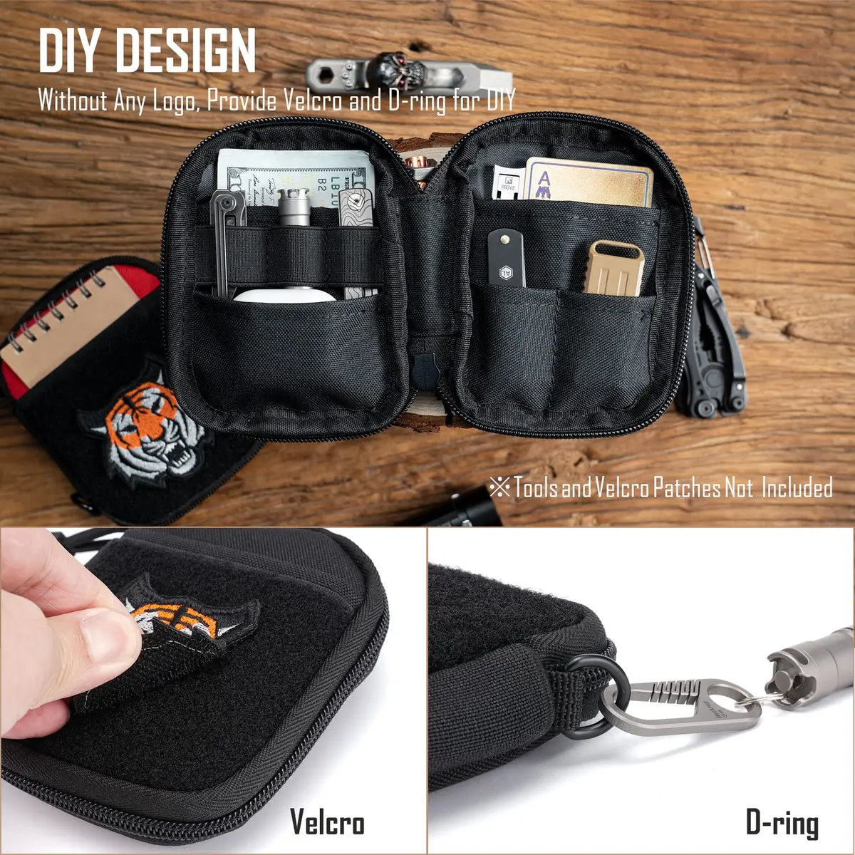 sayram SP1 EDC Pouch Small Nylon Utility Organizer for Men | 8 Pockets, Patches Area, D-Ring, Lightweight (Black) - view 5