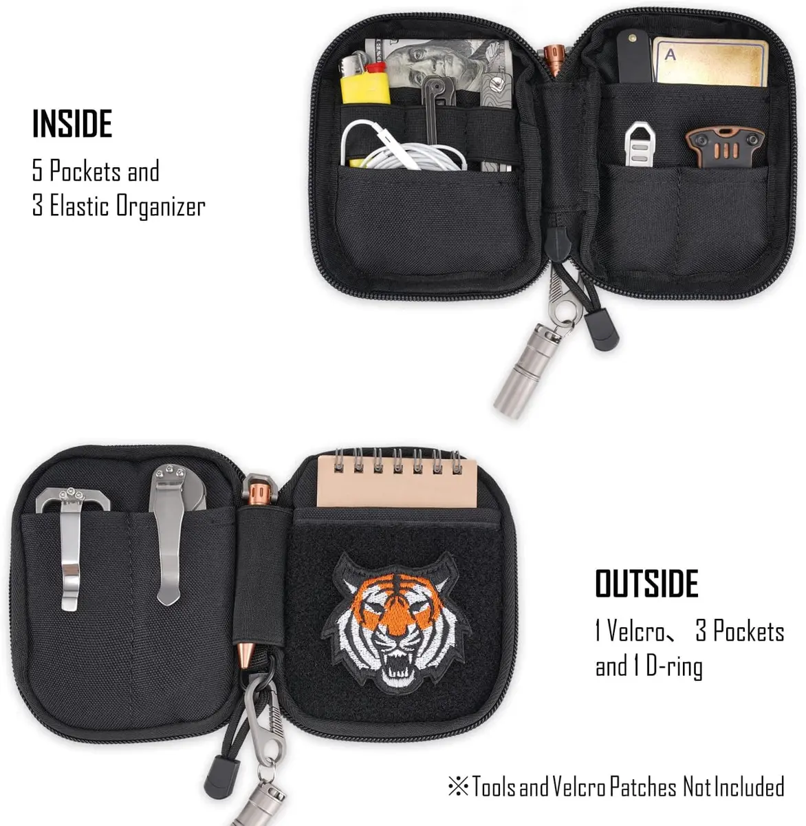 sayram SP1 EDC Pouch Small Nylon Utility Organizer for Men | 8 Pockets, Patches Area, D-Ring, Lightweight (Black) - view 3