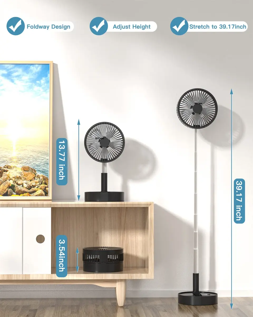 AICase Folding Portable Telescopic Fan 94cm-100cm (3.7"-39.3") | USB Desk Fan with 7200mAh Battery & Remote - view 2
