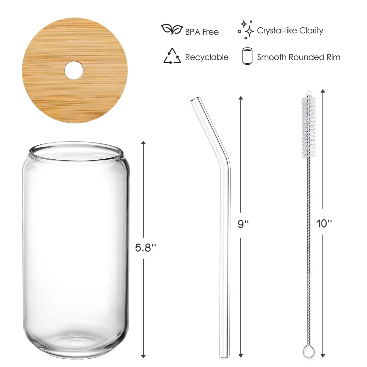 NETANY 16oz Glass Tumblers with Bamboo Lids & Straws (473ml) | Set of 8 Clear Borosilicate Glass Cups for Iced Coffee, Cocktails, Beer - view 7