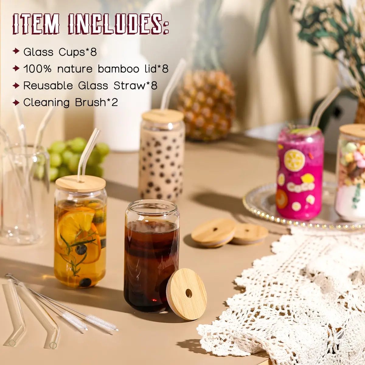 NETANY 16oz Glass Tumblers with Bamboo Lids & Straws (473ml) | Set of 8 Clear Borosilicate Glass Cups for Iced Coffee, Cocktails, Beer - view 2
