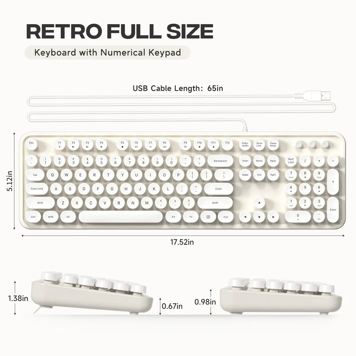Atelus Retro Typewriter Keyboard Full Size Wired USB Keyboard with Number Pad, 17.52" x 5.12" x 1.38" (Creamy White) | Clicky Switches - view 7