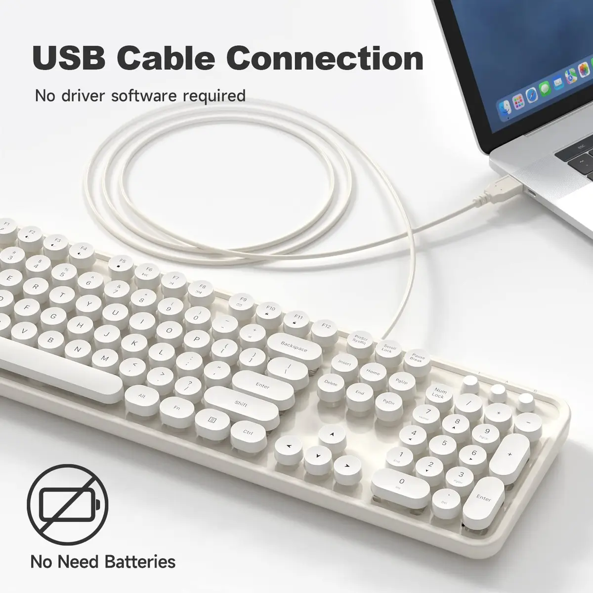 Atelus Retro Typewriter Keyboard Full Size Wired USB Keyboard with Number Pad, 17.52" x 5.12" x 1.38" (Creamy White) | Clicky Switches - view 2