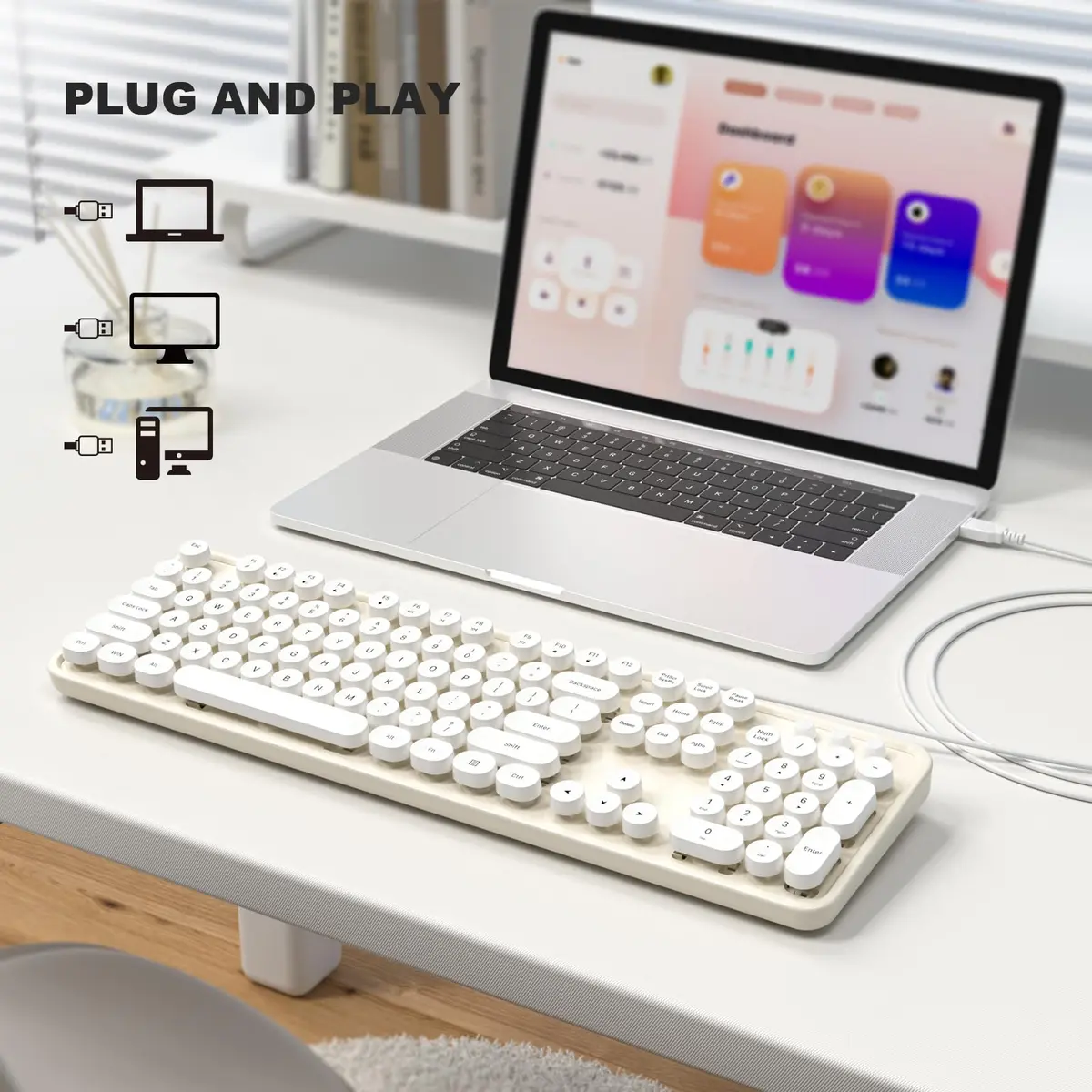 Atelus Retro Typewriter Keyboard Full Size Wired USB Keyboard with Number Pad, 17.52" x 5.12" x 1.38" (Creamy White) | Clicky Switches - view 3