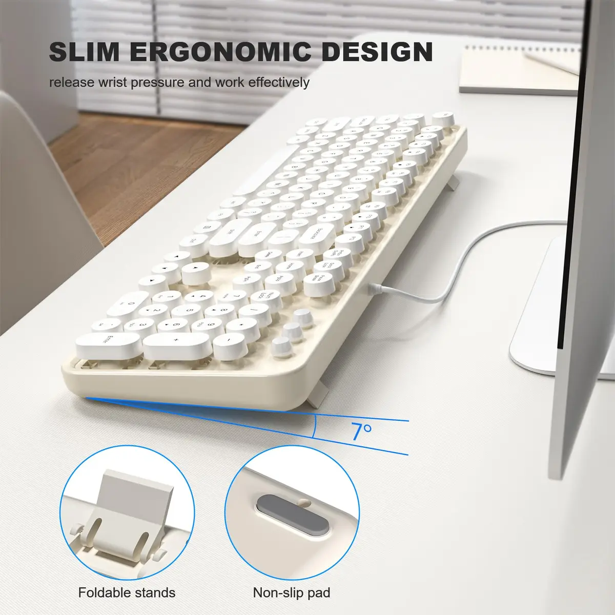 Atelus Retro Typewriter Keyboard Full Size Wired USB Keyboard with Number Pad, 17.52" x 5.12" x 1.38" (Creamy White) | Clicky Switches - view 4