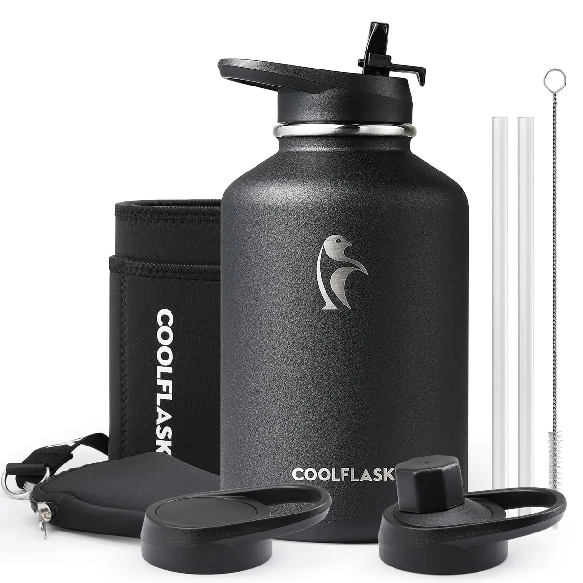 Coolflask 64 oz Water Bottle Insulated with PU Leather Sleeve & 3 Lids | Cold 48H/Hot 24H, Leakproof, Dishwasher Safe - main product image