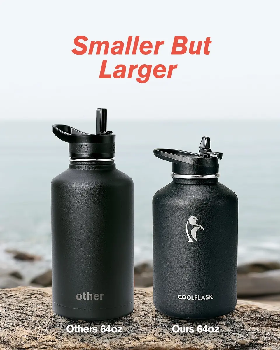Coolflask 64 oz Water Bottle Insulated with PU Leather Sleeve & 3 Lids | Cold 48H/Hot 24H, Leakproof, Dishwasher Safe - view 5