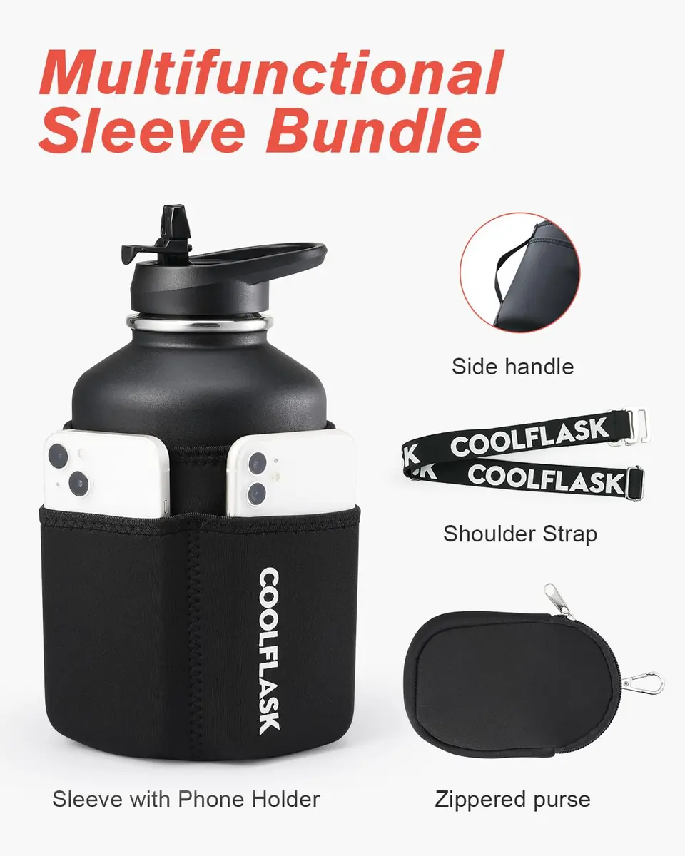 Coolflask 64 oz Water Bottle Insulated with PU Leather Sleeve & 3 Lids | Cold 48H/Hot 24H, Leakproof, Dishwasher Safe - view 2