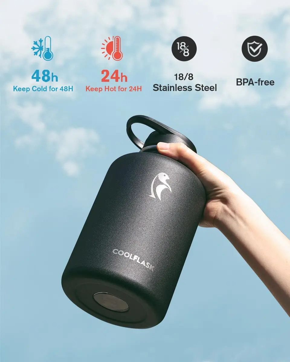Coolflask 64 oz Water Bottle Insulated with PU Leather Sleeve & 3 Lids | Cold 48H/Hot 24H, Leakproof, Dishwasher Safe - view 3