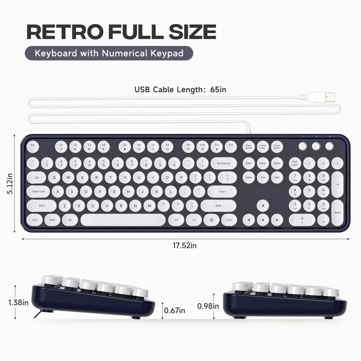 Atelus Typewriter Style Wired Keyboard with Number Pad, Full Size 104 Keys, Dark Blue | Ergonomic USB Keyboard for PC Laptop Desktop Windows - view 7