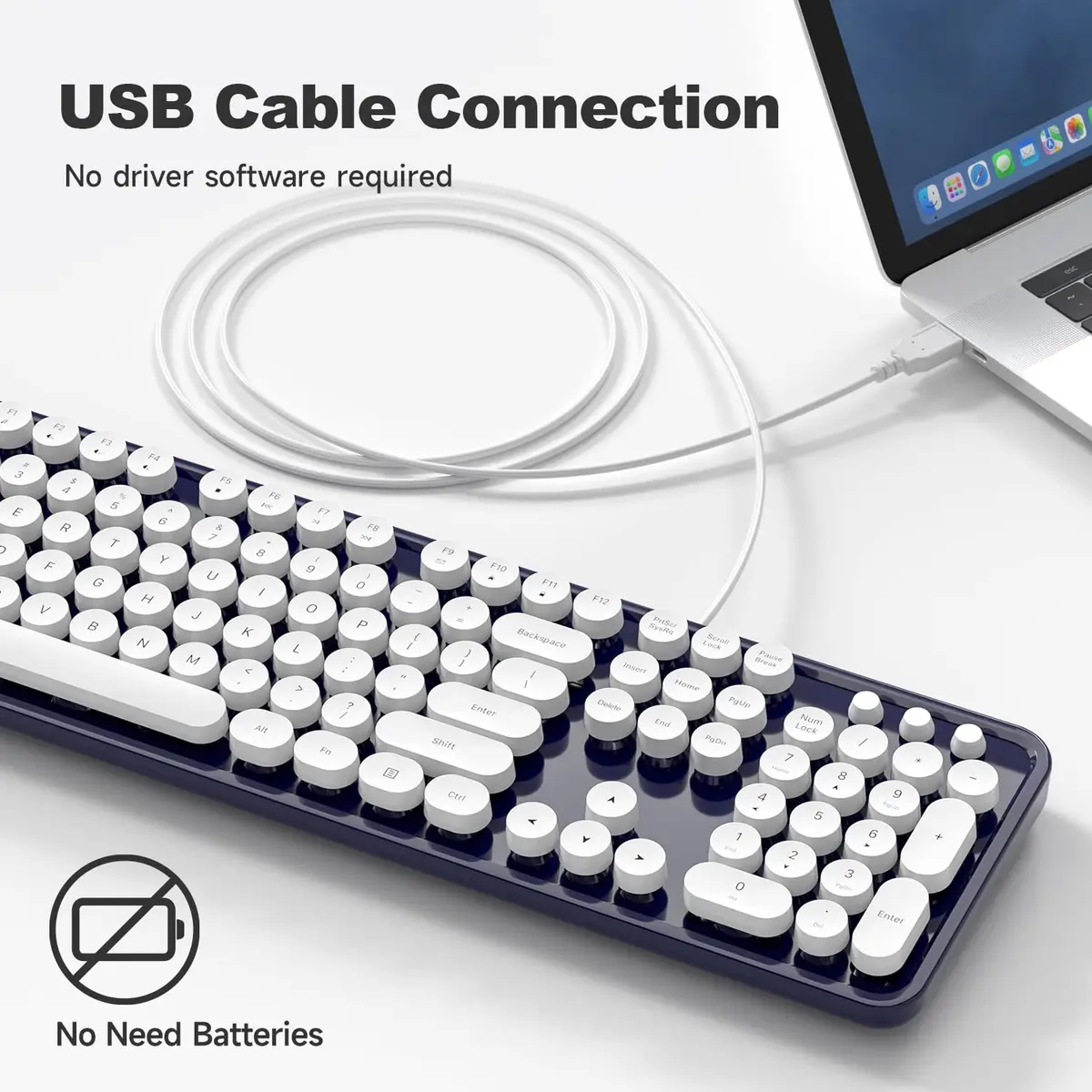 Atelus Typewriter Style Wired Keyboard with Number Pad, Full Size 104 Keys, Dark Blue | Ergonomic USB Keyboard for PC Laptop Desktop Windows - view 2