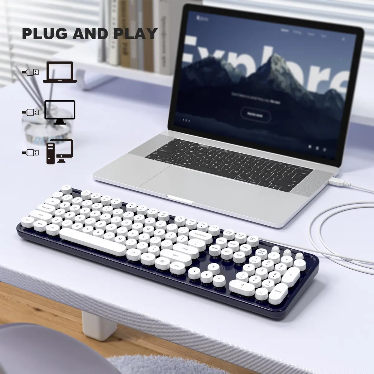 Atelus Typewriter Style Wired Keyboard with Number Pad, Full Size 104 Keys, Dark Blue | Ergonomic USB Keyboard for PC Laptop Desktop Windows - view 3