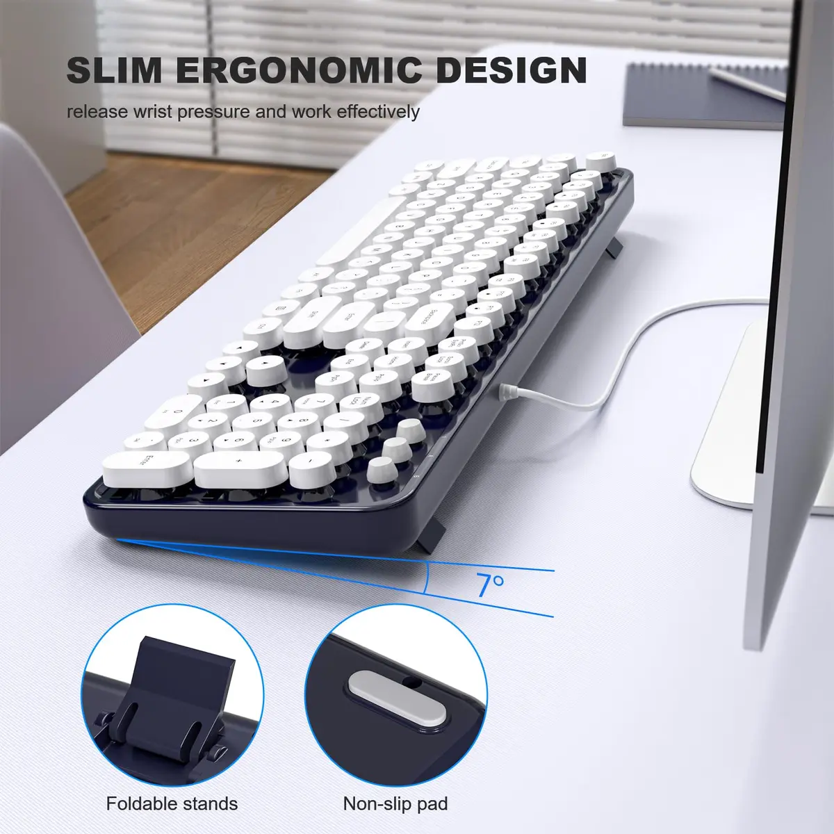 Atelus Typewriter Style Wired Keyboard with Number Pad, Full Size 104 Keys, Dark Blue | Ergonomic USB Keyboard for PC Laptop Desktop Windows - view 4