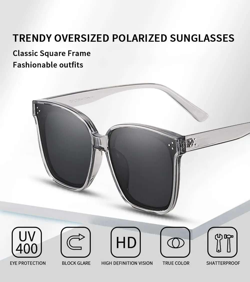 Dollger Oversized Square Sunglasses for Women Men Trendy Polarized UV Protection Large Shades Grey - view 3