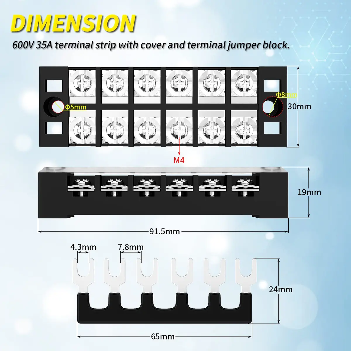 Joinfworld Terminal Block 6P 35A | Dual Row Screw Terminal Strip with Cover & Jumper (2 Pack) - view 2