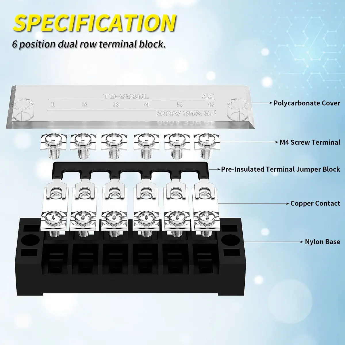 Joinfworld Terminal Block 6P 35A | Dual Row Screw Terminal Strip with Cover & Jumper (2 Pack) - view 3