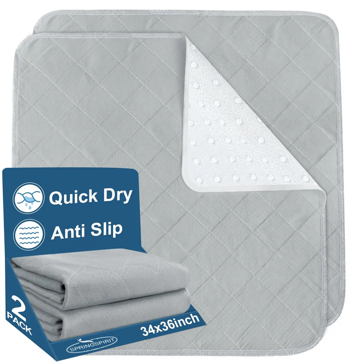 SPRINGSPIRIT Washable Waterproof Bed Pads 34'' x 36'' (2-Pack, Grey) | Absorbent & Non-Slip for Incontinence - main product image
