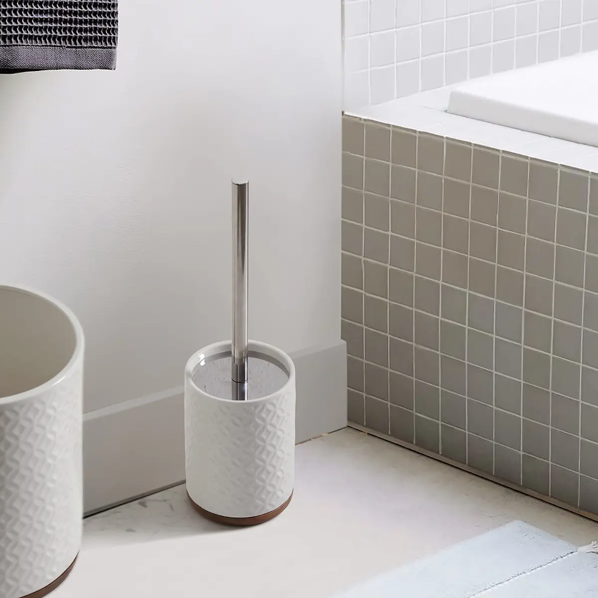 Motifeur Ceramic Toilet Brush Set - Toilet Bowl Brush & Holder with Wooden Base (White & Beige) | Stylish & Durable - view 5