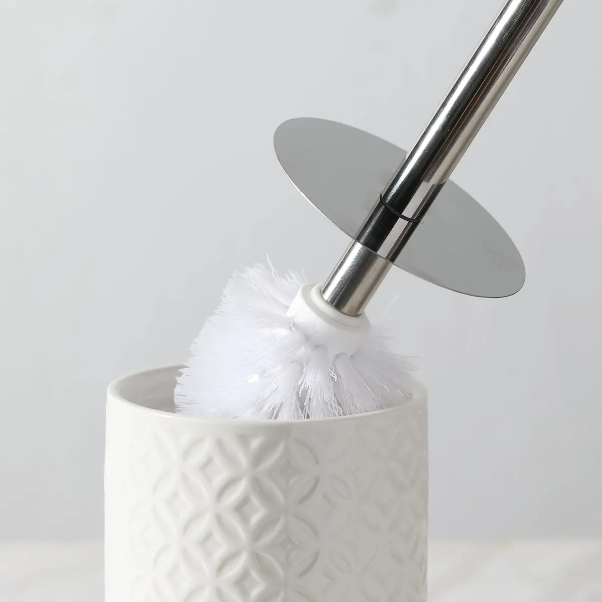 Motifeur Ceramic Toilet Brush Set - Toilet Bowl Brush & Holder with Wooden Base (White & Beige) | Stylish & Durable - view 2