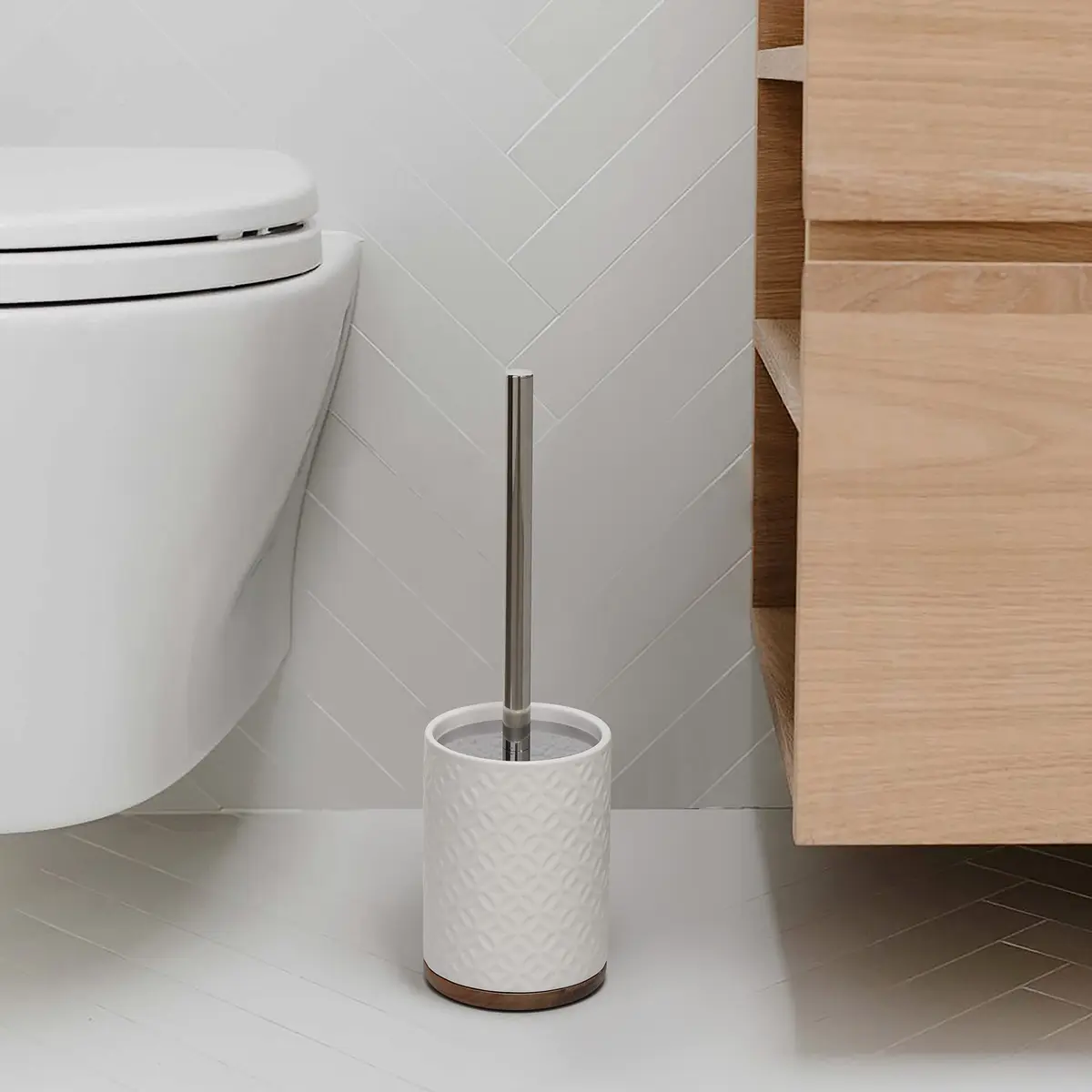 Motifeur Ceramic Toilet Brush Set - Toilet Bowl Brush & Holder with Wooden Base (White & Beige) | Stylish & Durable - view 3