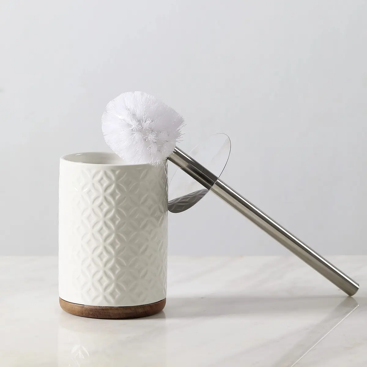 Motifeur Ceramic Toilet Brush Set - Toilet Bowl Brush & Holder with Wooden Base (White & Beige) | Stylish & Durable - view 4
