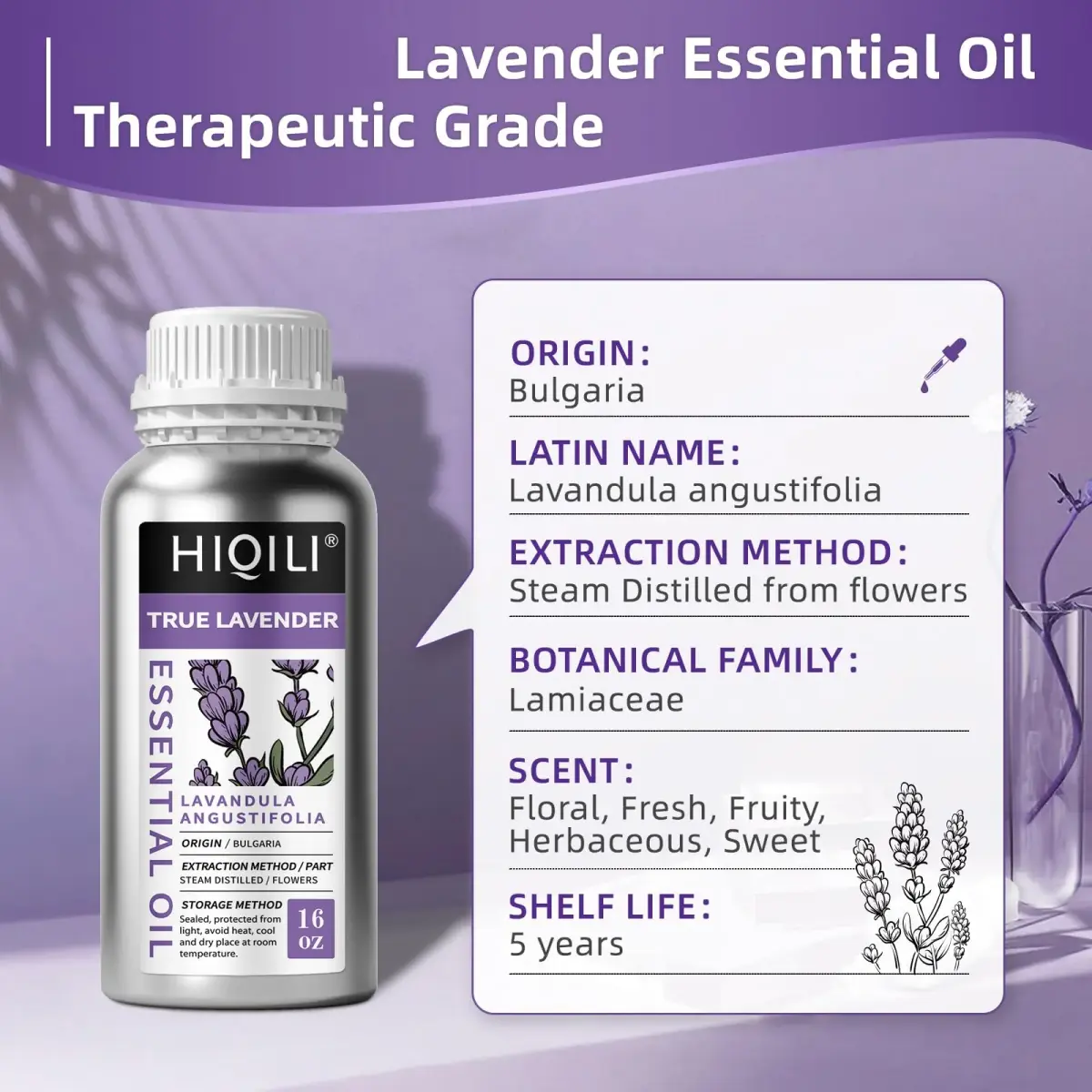 HIQILI Natural Lavender Essential Oil 475ml (16 fl oz) | Large Capacity for Aromatherapy & DIY - view 3