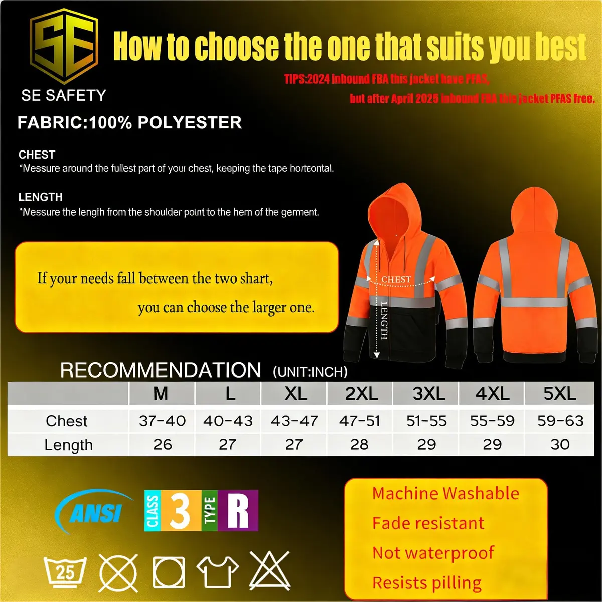 sesafety High Visibility Safety Sweatshirt for Men, Class 3 Reflective Zippered Hoodie, Hi-Vis Safety Hoodie with Black Bottom | ANSI 107 Type R Class 3 - view 5