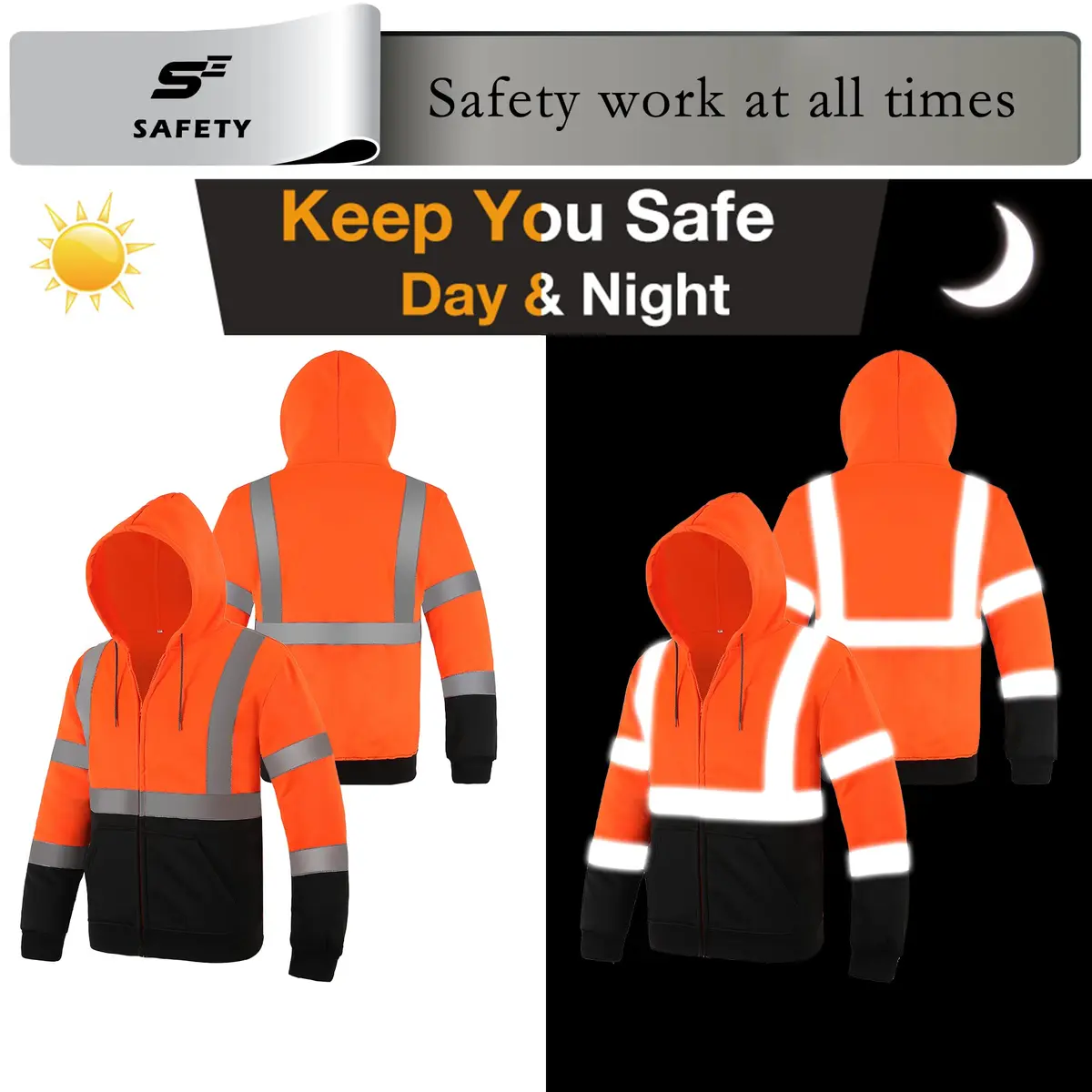 sesafety High Visibility Safety Sweatshirt for Men, Class 3 Reflective Zippered Hoodie, Hi-Vis Safety Hoodie with Black Bottom | ANSI 107 Type R Class 3 - view 6