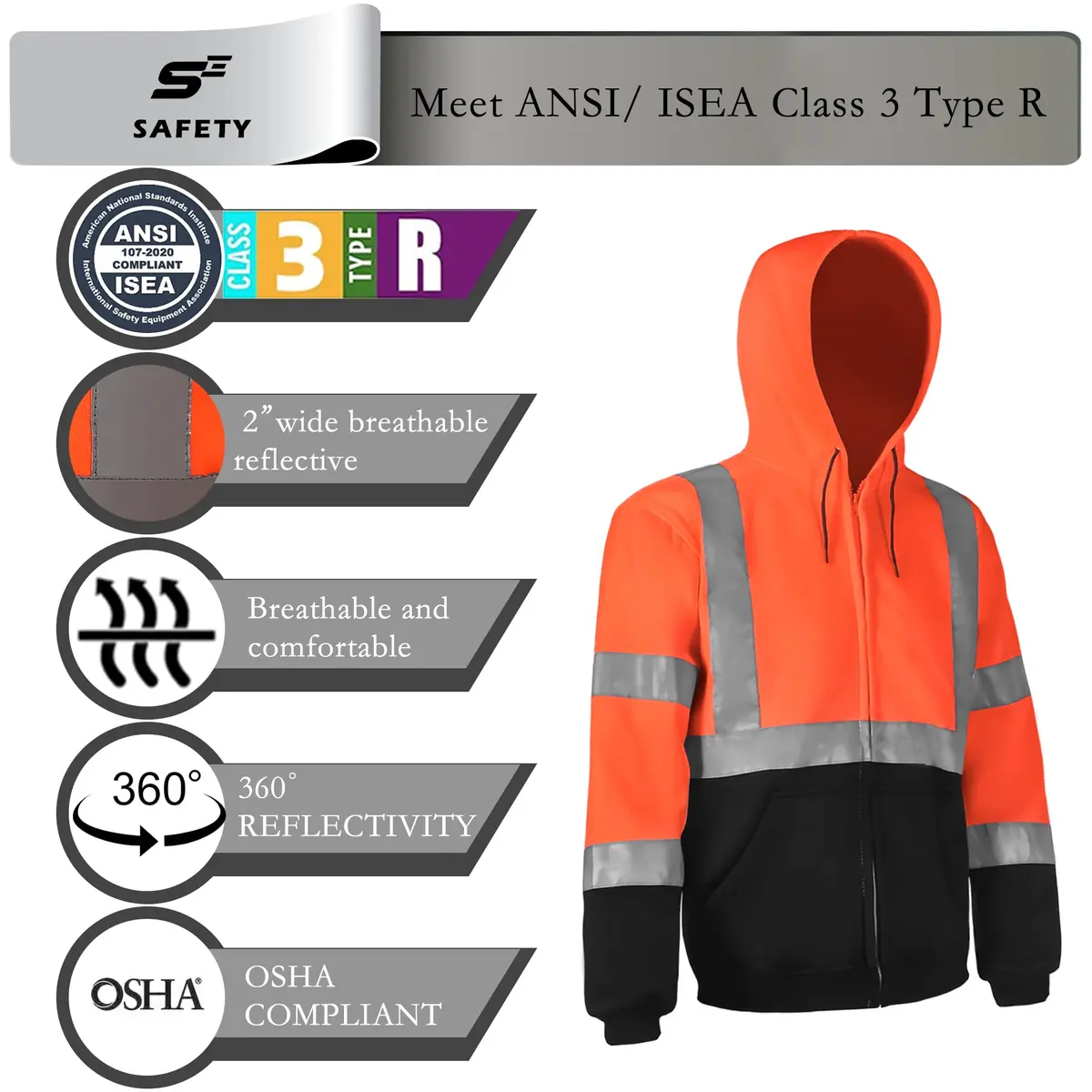 sesafety High Visibility Safety Sweatshirt for Men, Class 3 Reflective Zippered Hoodie, Hi-Vis Safety Hoodie with Black Bottom | ANSI 107 Type R Class 3 - view 3