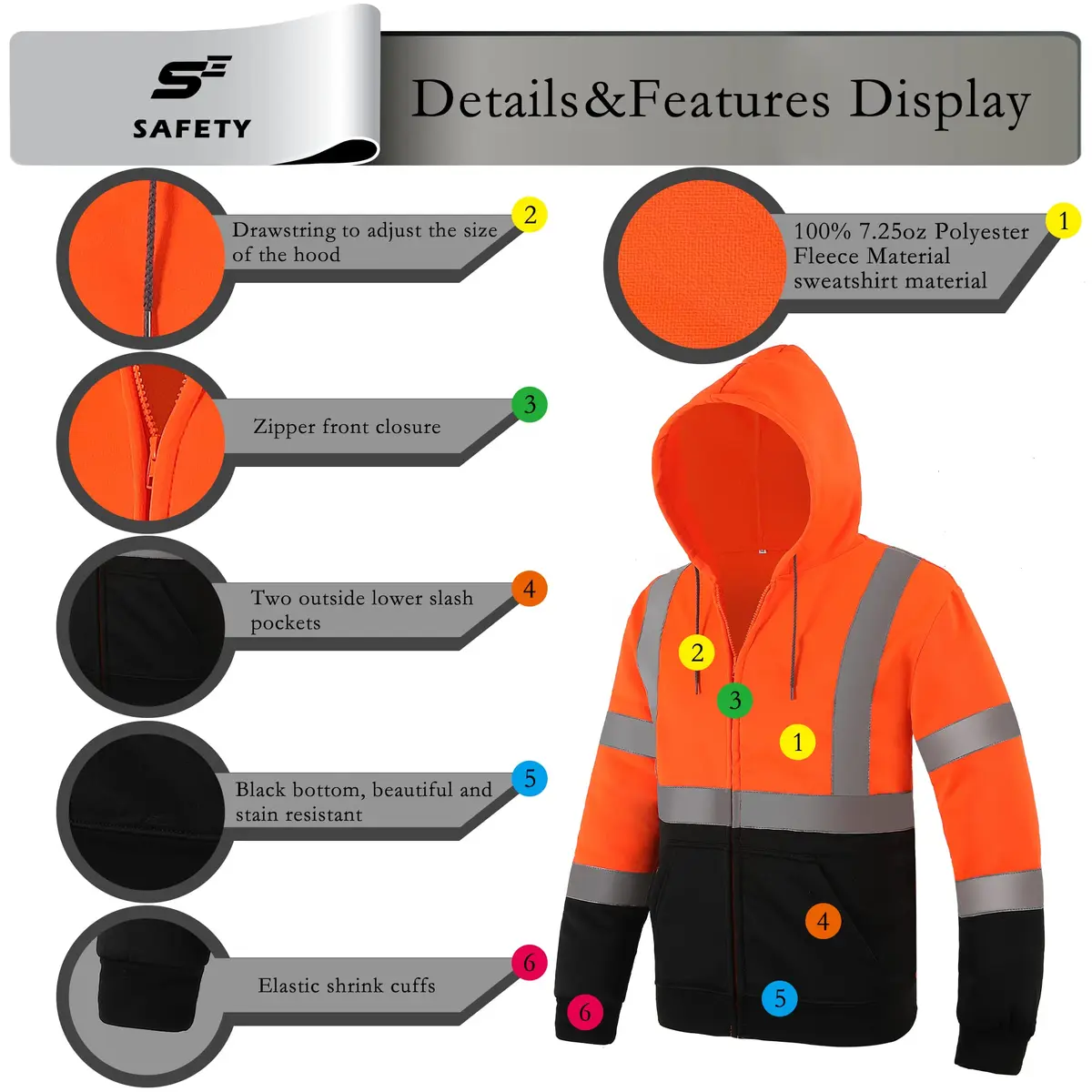 sesafety High Visibility Safety Sweatshirt for Men, Class 3 Reflective Zippered Hoodie, Hi-Vis Safety Hoodie with Black Bottom | ANSI 107 Type R Class 3 - view 4
