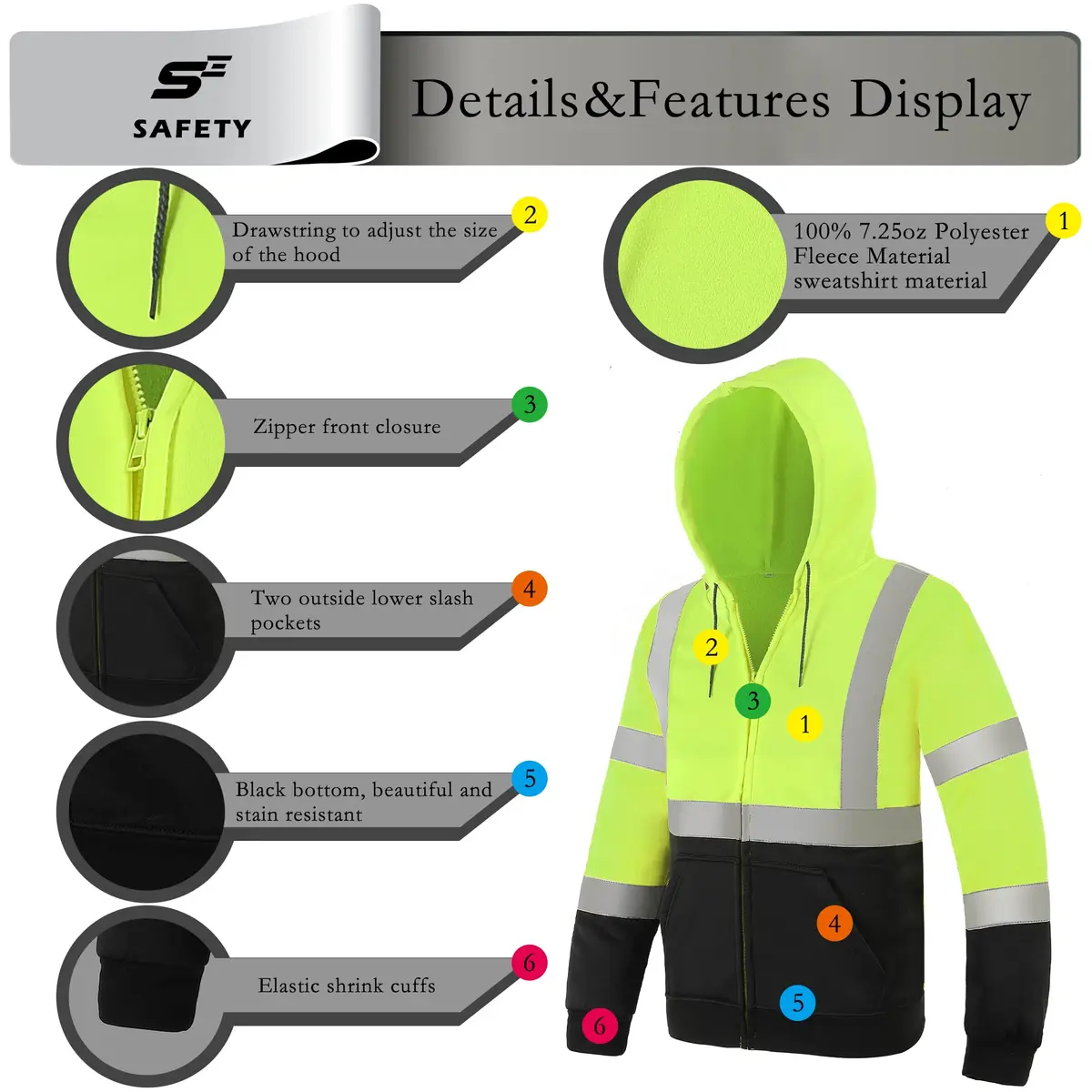 sesafety High Visibility Safety Sweatshirt for Men, Class 3 Reflective Hoodie, Yellow-204 | ANSI 107 Type R Class 3 Compliant (70-120 chars) - view 4