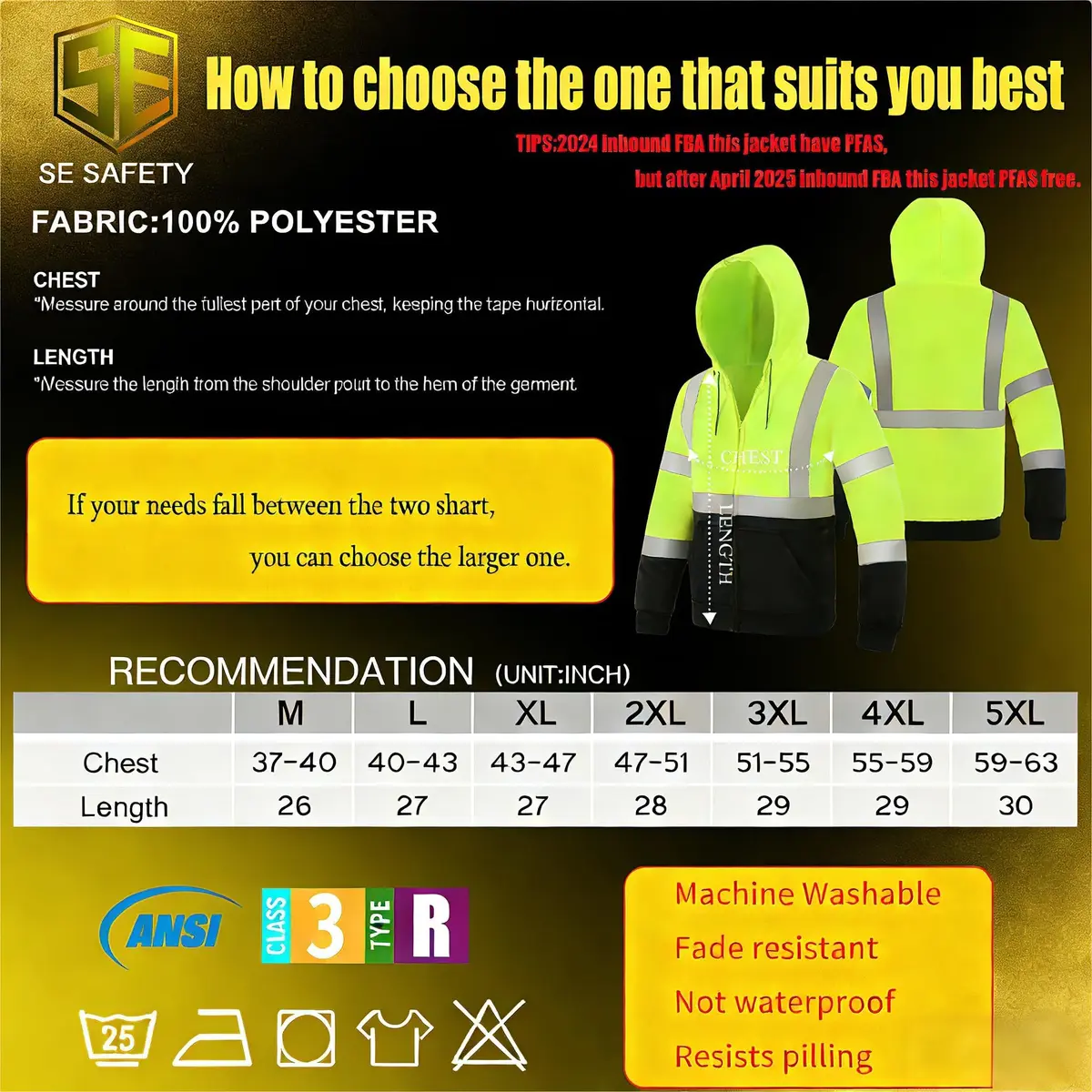 sesafety High Visibility Safety Sweatshirt for Men, Class 3 Reflective Hoodie, Yellow-204 | ANSI 107 Type R Class 3 Compliant (70-120 chars) - view 5